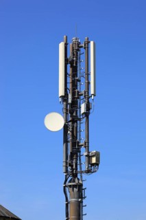 Transmission mast with directional radio antenna and antennas for mobile phone reception