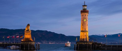 Harbour with lighthouse and Bavarian Lion