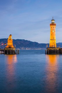 Harbour with lighthouse and Bavarian Lion