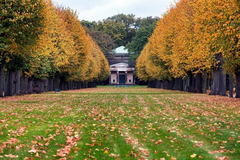 Autumn leaves in a meadow in front of the Guelph Mausoleum