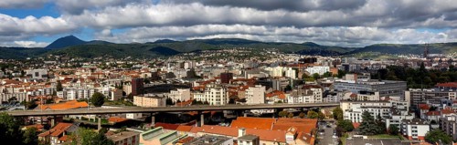 View on Clermont Ferrand city and viaduct Saint Jacques. Puy de Dome department. Auvergne Rhone Alpes. France