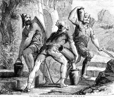 Three men draw water from the well at Bethlehem