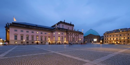 Illuminated German State Opera and St Hedwig Cathedral