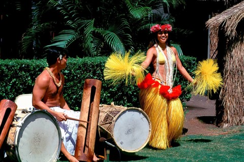 Dancer and drummer at historic Kodak Hula Show