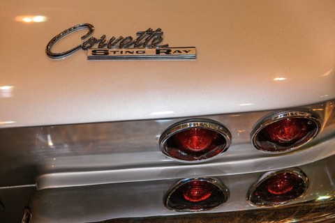 Lettering on historic sports car Classic Car Chevrolet Corvette C2 Stingray with split window from 1962 1963