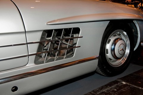Photo of detail in bodywork air intakes air vents shark gills in wing of valuable historic sports car classic car Mercedes Benz 300 SL