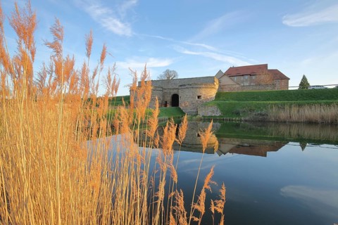 Renaissance moated castle with reflection in the pond and golden reed grass