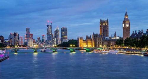 Westminster Bridge over the Thames with skyline and Houses of Parliament at dusk