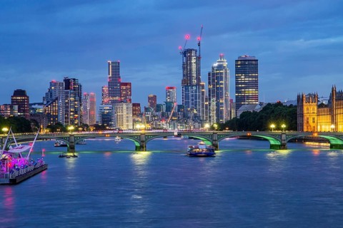 Westminster Bridge over the Thames with skyline at dusk