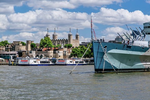 Museum Ship HMS Belfast on the Thames with Tower