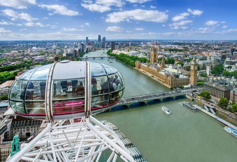 Gondola from the London Eye Ferris Wheel over the Thames with the Houses of Parliament