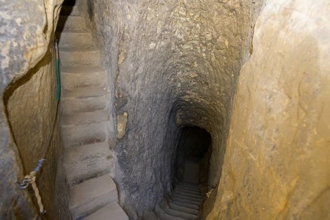Staircase carved out of the sandstone inside the rock castle Valecov