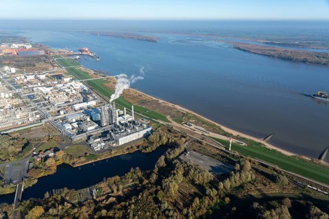 Aerial view of the construction site of the floating LNG Terminal Stade