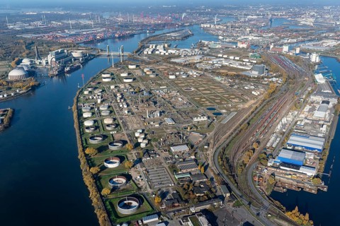 Aerial view of the new motorway construction of the A26 Hafenpassage through the former Shell refinery site