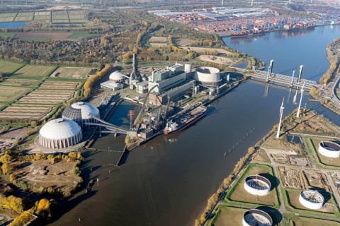 Aerial view of Moorburg power station behind the Container Terminal Altenwerder