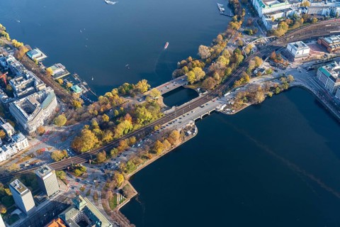 Aerial view of the Alster bridges in autumn