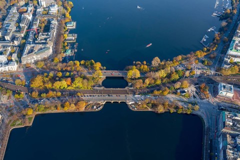 Aerial view of the Alster bridges in autumn