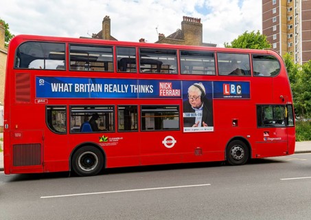 Advertising for LBC Radio Nick Ferrari show on red double decker bus