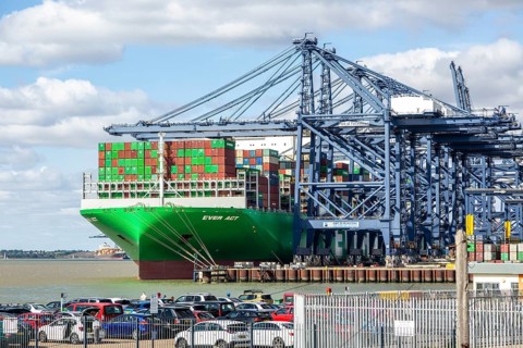 Evergreen Ever Act container ship gantry cranes on quayside