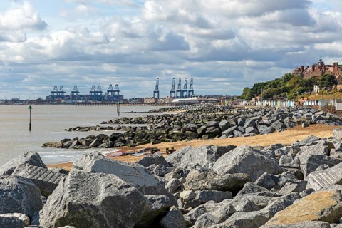 Rock armour beach groynes along coastline at Felixstowe