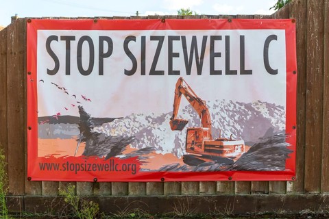 Campaign poster about stopping construction of Sizewell C nuclear power station