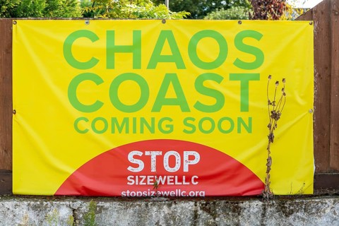 Campaign poster about stopping construction of Sizewell C nuclear power station