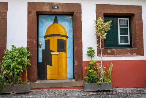 Colourfully painted door with tower of the Forte de Sao Tiago and plants on a house facade