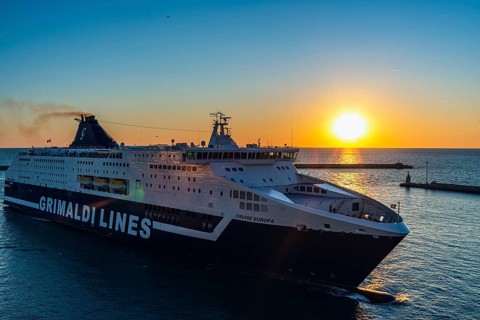Grimaldi Lines Cruise Ship at sunset in Port of Livorno