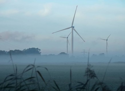Wind turbines and the mast of a high-voltage power line in the early morning fog. Ochsenwerder