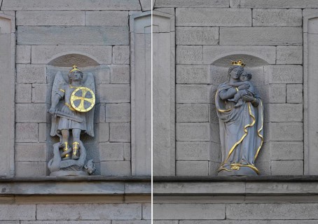 Sculpture of St. George with the dragon and Maria immaculata on a house facade c. 1850