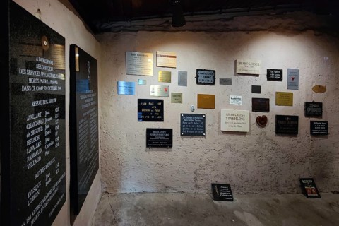 Memorial plaques in the crematorium of the camp
