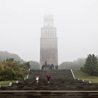 Stairs to the group of figures by Fritz Cremer with the bell tower