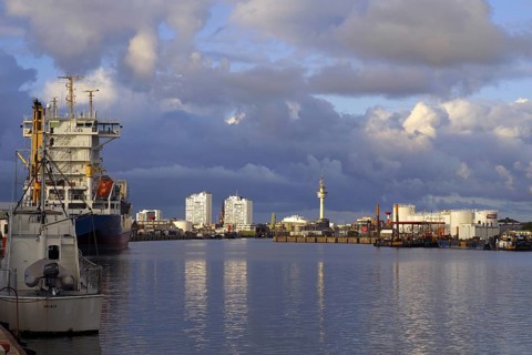 View of the Columbus Center and the radar tower from Fischereihafen eins