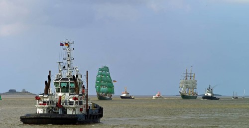 Arrival of the two tall ships Alexander von Humboldt I and II on the Outer Weser near Bremerhaven