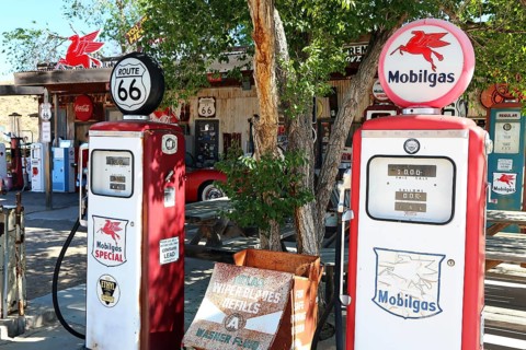 Antique gas pumps at Hackberry General Store on historic Route 66. Kingman