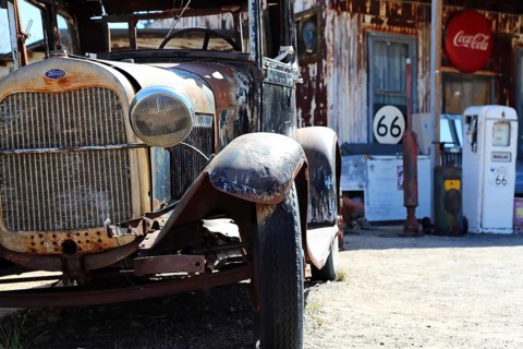 Vintage cars at the Hackberry General Store on historic Route 66. Kingman