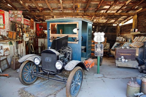 Vintage cars at the Hackberry General Store on historic Route 66. Kingman