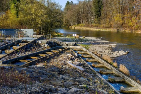The Iller barrage 5 Fluhmuehle with fish ladder near Altusried