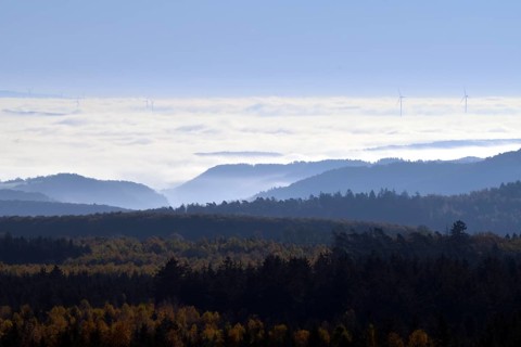 View from Moerschieder Burr mountain in the Hunsrueck-Hochwald National Park over the Naheland and North Palatinate mountains on a misty autumn morning