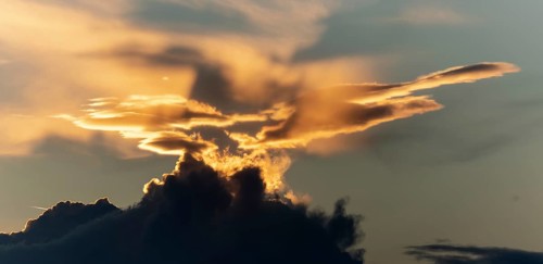 Sky of pink and orange clouds in the evening at sunset. Alsace