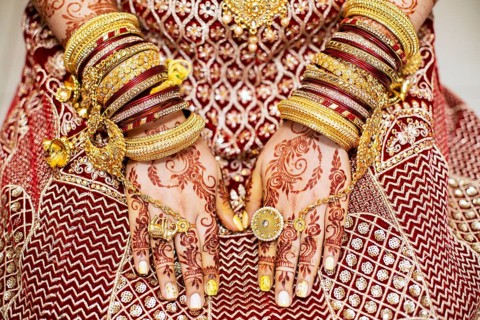Traditional bridal jewelry and henna decoration on the hands of Hindu bride on her wedding day
