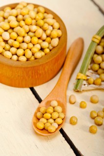 Organic soya beans over rustic wood table macro closeup