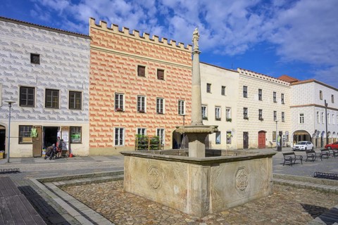 Historical houses and fountains on the main square of