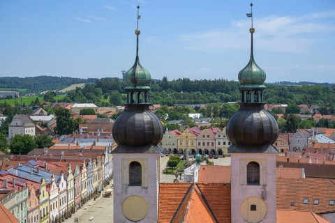 View of the old town with towers from the tower of the church sv. Jakuba Church Jmena Jezis