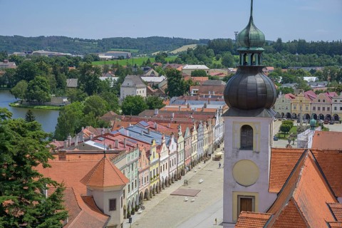 View of the old town with towers from the tower of the church sv. Jakuba Church Jmena Jezis