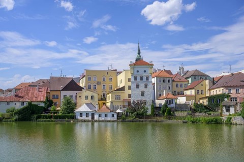 View over pond to old town