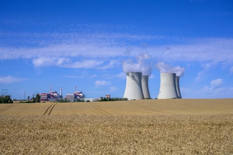Grain field and cooling towers of the nuclear power plant