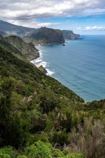 View of steep rocky coast and sea