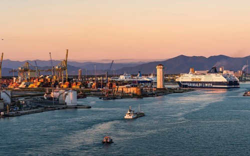 Grimaldi Lines Cruise Ship at sunset in Port of Livorno