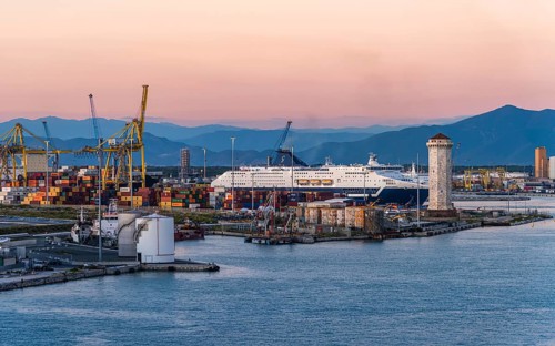 Grimaldi Lines Cruise Ship at sunset in Port of Livorno